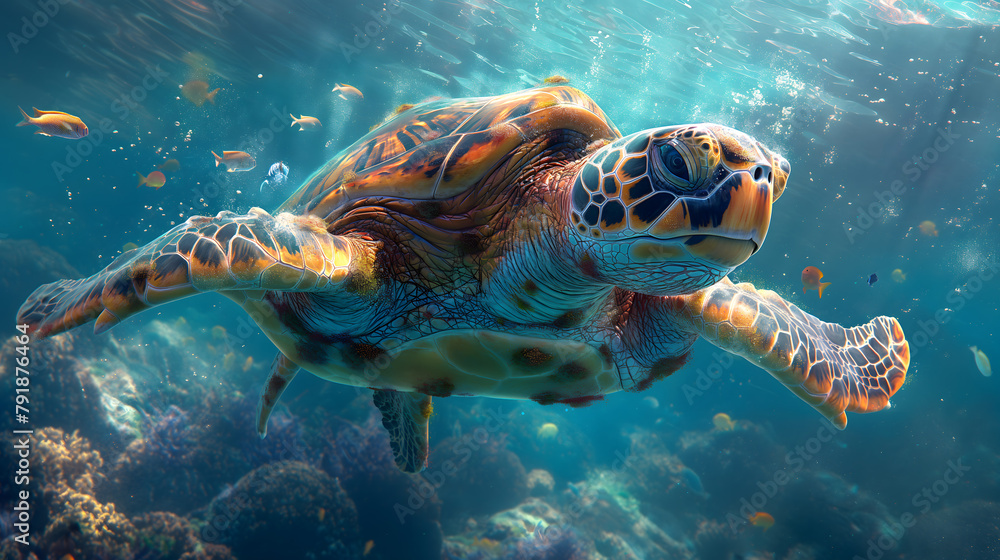 Obraz premium Encounter with a Graceful Sea Turtle in Sunlit Ocean Depths
