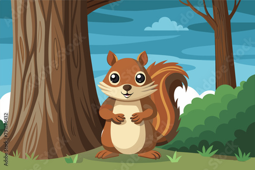 A squirrel with a nut stash peeking out from behind a tree trunk