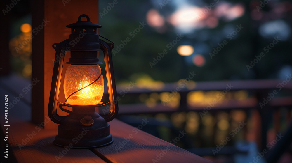 Oil lamp on a porch during a twilight evening