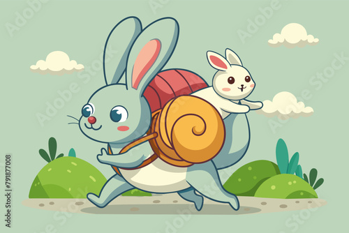 A tiny bunny with a backpack riding a friendly snail