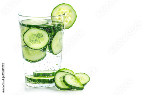 A refreshing glass of cucumber-infused water with a hint of lime, a revitalizing and hydrating summer drink option isolated on solid white background.