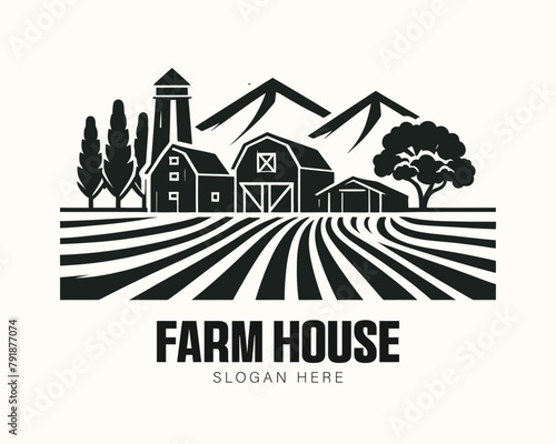 Farm House vector and farm market logo with vintage farm buildings in woodcut style