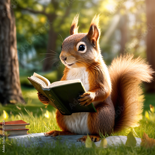 squirrel reads book in the forest