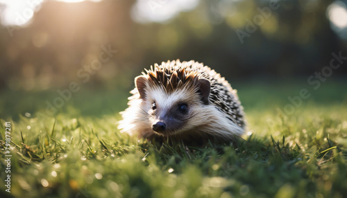 Illustation young beautiful hedgehog in natural habitat outdoors in the nature.