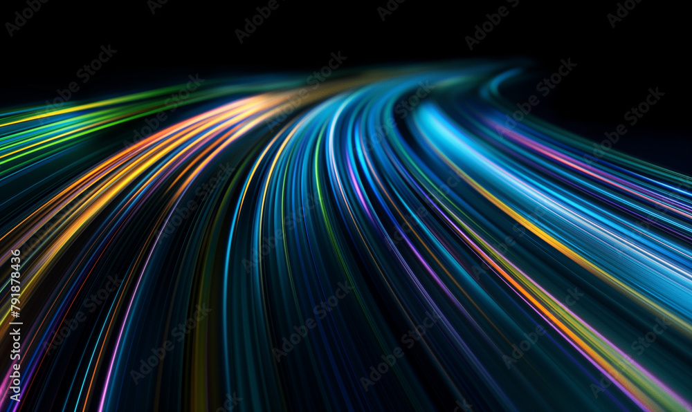 Abstract background with colorful light streaks on black, with a gradient from blue to green. Dynamic and fluid motion with a fast speed blur effect Abstract background with colorful light streaks on black, with a gradient from blue to green. Dynamic and fluid motion with a fast speed blur effect