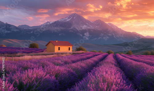 The endless landscape of the lavender farm, the mountain of ice caps in the distant background, and in the middle, there is a pretty so little yellow wall and a house decorated with an orange roof, a photo