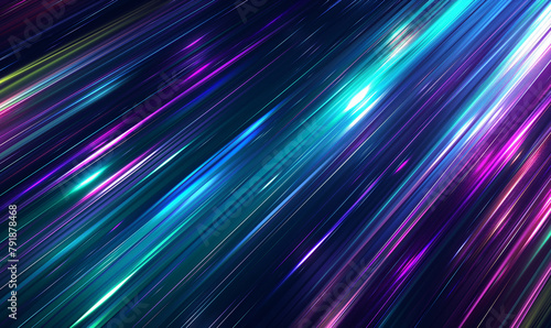 Abstract background with colorful light streaks on black, with a gradient from blue to green. Dynamic and fluid motion with a fast speed blur effect