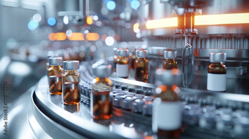 Medical vials on the production line at the pharmaceutical factory