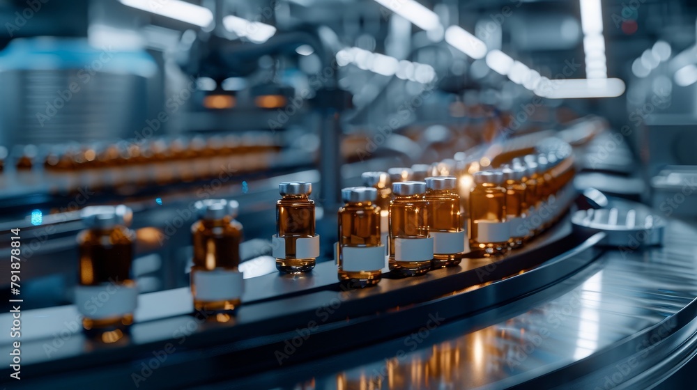 Medical vials on the production line at the pharmaceutical factory Medical vials on the production line at the pharmaceutical factory