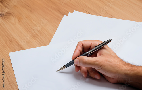 Male hand writes with ballpoint pen on a blank white form on a wooden table