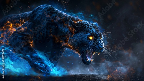 Fierce jaguar snarling aggressively, surrounded by mystical blue flames and orange embers. Big wild leopard in the forest at night. 