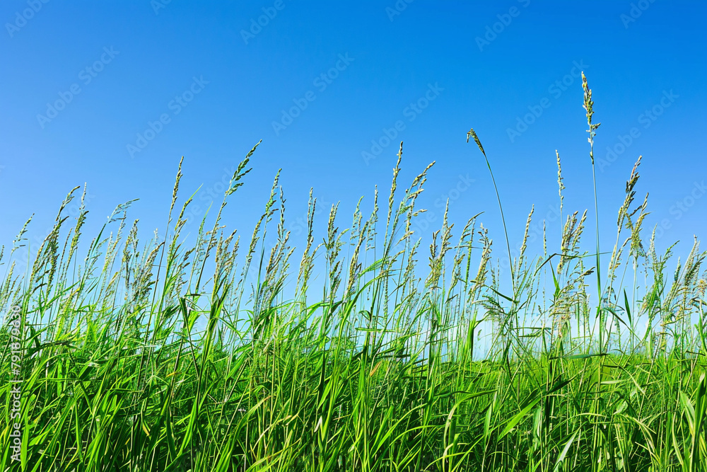 A field of tall grass swaying in the summer breeze under a clear blue sky.