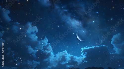 tranquility of the night sky with a scattering of stars and a crescent moon shining through wispy clouds, portrayed in full ultra HD high resolution.