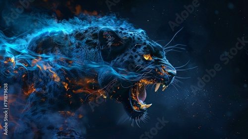Fierce jaguar snarling aggressively, surrounded by mystical blue flames and orange embers. Big wild leopard in the forest at night.   © vachom