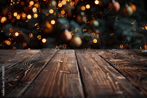 Rustic wood table with blurred Christmas lights in the background.