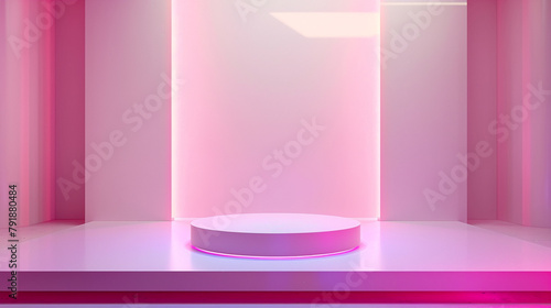 Illuminated pink gaming podium on pristine white surface, radiating sophistication and modernity in a corporate setting.