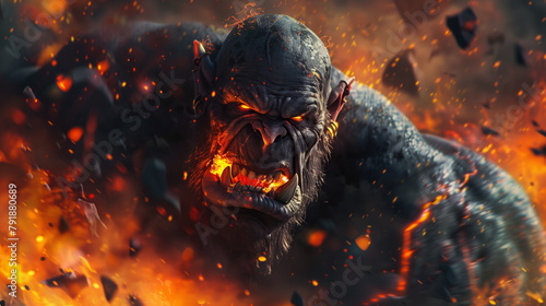 Orc warrior clad in armor bellows a battle cry, surrounded by the fiery chaos of war photo