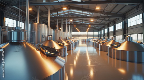 Brewery or alcohol production factory. Large steel fermentation tanks in spacious hall