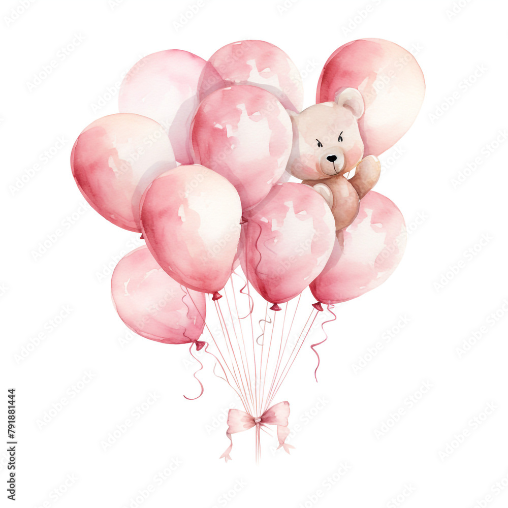 Naklejka premium balloons for a baby clipart , watercolor illustration, pink and cream colors сreated with Generative Ai