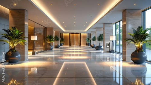 Contemporary and Pristine Entrance Hall in a Public Station or Convention Center Lobby. Concept Public Spaces, Contemporary Design, Entrance Hall, Pristine Interiors, Convention Center Lobby photo