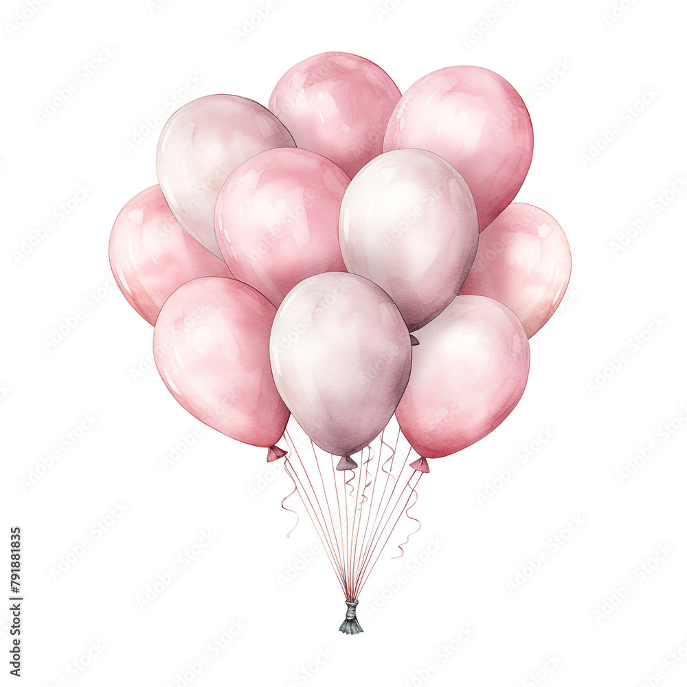 Naklejka premium balloons for a baby clipart , watercolor illustration, pink and cream colors сreated with Generative Ai