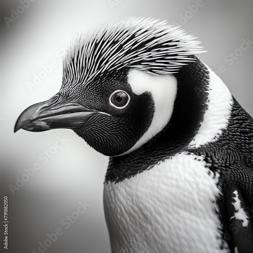 Portrait of a Monochrome Penguin, closedup focusing on detailed features and the texture of its feathers, the image showcases the subtle variations in black and white colors set on snowy backdrop photo
