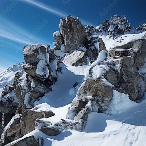 Close-up shot of the rugged details at the Snowy Summit, with sharp, frost-covered rocks and patches of ice, the detailed focus emphasizes the harsh, unforgiving conditions and the mountain's peak