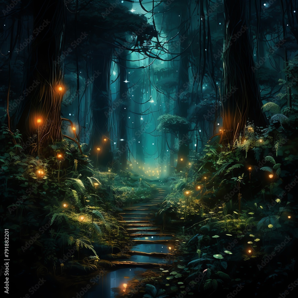 Enchanting vertical view of the Glow Jungle at night, where bioluminescent plants and creatures create a surreal, luminous landscape, the towering trees and underbrush glow softly, guiding the eye