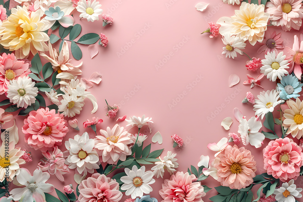 Obraz premium Floral background feminine flowers in pastel colors. Valentine's day, Mother's day, Women's day postcard. Flat lay copy space.