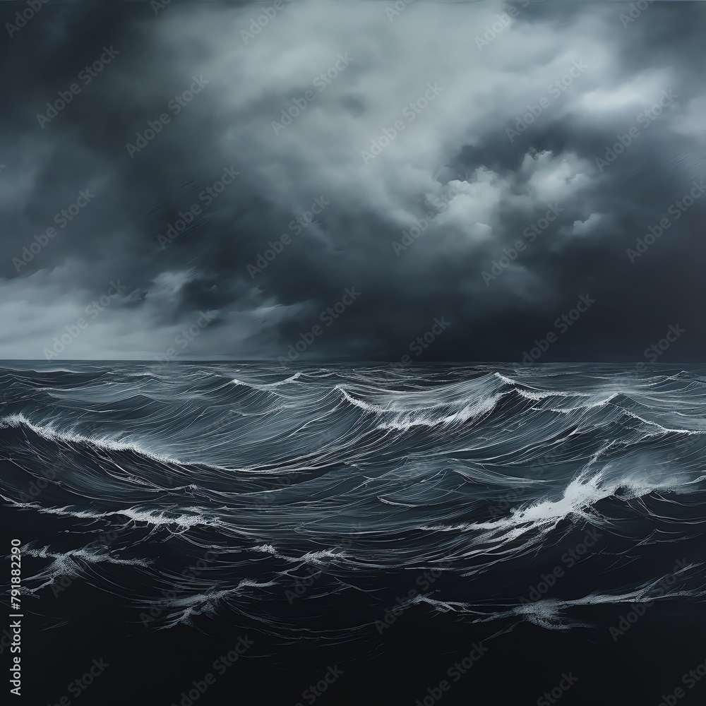 Panoramic view of the Ink Sea, a vast expanse of dark, swirling waters under stormy sky, elongated frame enhances the wide, uninterrupted horizon, dramatizing the moody atmosphere and deep, inky tones