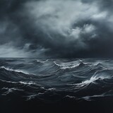 Panoramic view of the Ink Sea, a vast expanse of dark, swirling waters under stormy sky, elongated frame enhances the wide, uninterrupted horizon, dramatizing the moody atmosphere and deep, inky tones