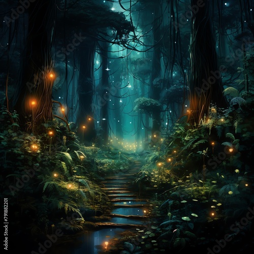 Enchanting vertical view of the Glow Jungle at night  where bioluminescent plants and creatures create a surreal  luminous landscape  the towering trees and underbrush glow softly  guiding the eye