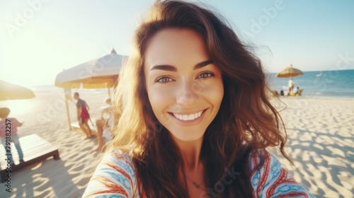 closeup shot of a good looking female tourist. Enjoy free time outdoors near the sea on the beach. Looking at the camera while relaxing on a clear day Poses for travel selfies smiling happy tropical #791882257
