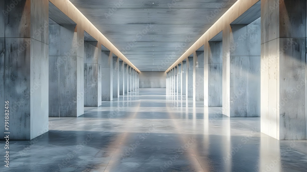 Spacious contemporary concrete hallway with minimalistic style and absence of embellishments. Concept Contemporary Design, Minimalistic Style, Spacious Hallway, Concrete Walls