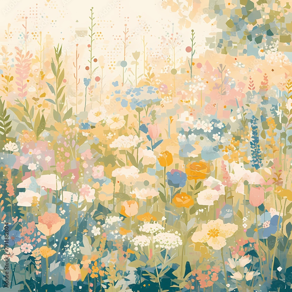 Beautiful botanical illustration showcasing a lush garden scene with stylized geometric flowers.