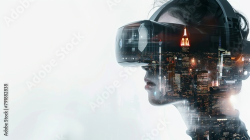 VR gamer and the beautiful sci-fi city, technology, headset, virtual, device, future, futuristic, modern, digital.