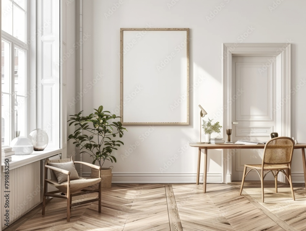 Fototapeta premium Frame mockup,Empty Picture Frame on Desk with Plant and Pen Holder, high-resolution (300 DPI)