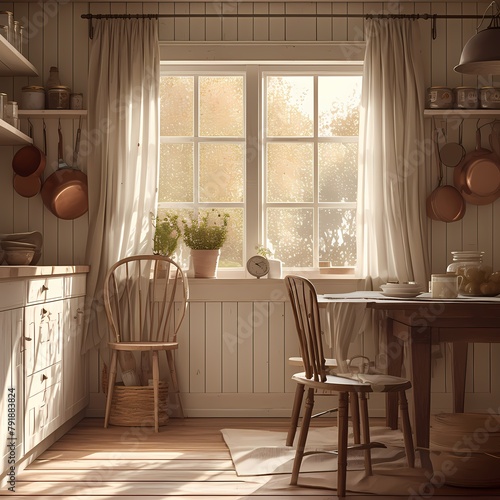 Cozy Farmhouse Kitchen: Sunlit Cooking Space with Wooden Tables and Cabinets