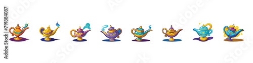 Magic lamp, witchcraft and magic icon. Traditional arabic old oil lamp icon. Vintage magic genie light lamp pot. Lamp aladdin magic vector icon. Aladin genie lamp bottle wish cartoon illustration. photo