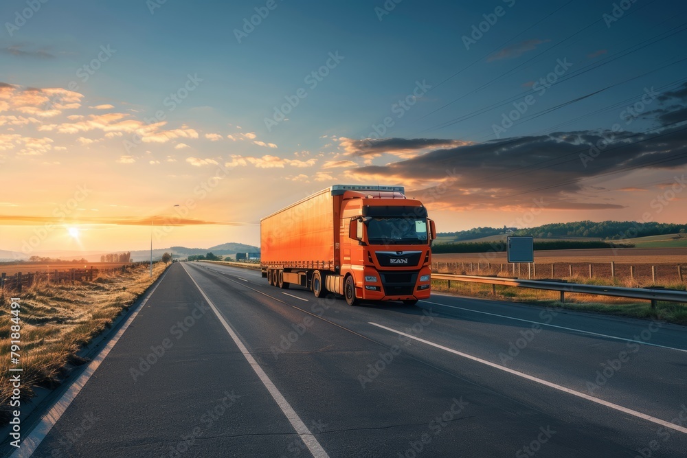 Orange freight truck on a highway through sunny rural landscape at sunset Orange freight truck on a highway through sunny rural landscape at sunset