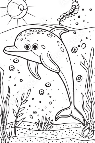 Coloring pages. Marine wild animals. Little cute baby dolphin smiles.