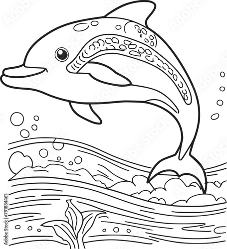Coloring pages. Marine wild animals. Little cute baby dolphin smiles.