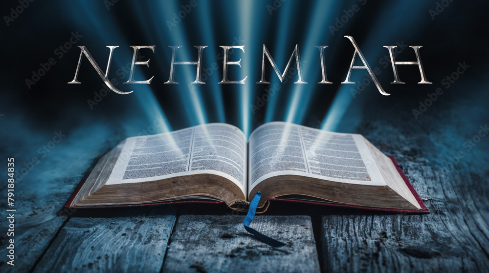 The book of Nehemiah. Open bible with blue glowing rays of light. On a ...