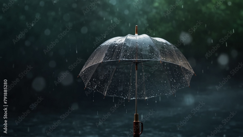 umbrella in rain, rain on the rain, Transparent umbrella under rain against water drops splash background. Rainy weather concept