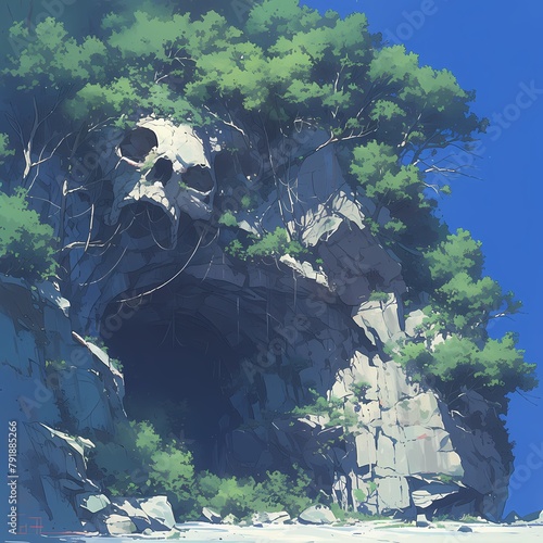 Enthralling Fantasy World: Spectacular Illustration of a Skull-adorned Cave Entryway photo