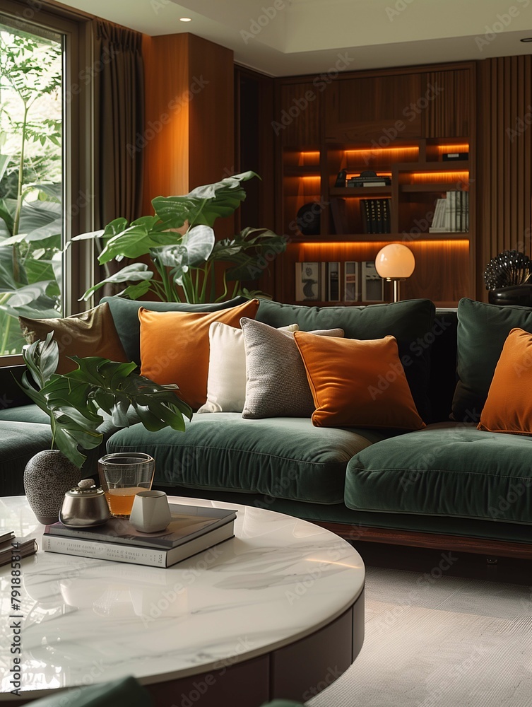 Modern Living Room Interior with Green Velvet Sofa and Wooden Bookshelf