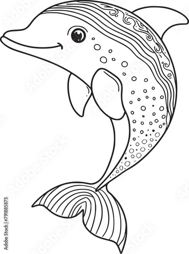 Coloring pages. Marine wild animals. Little cute baby dolphin smiles.