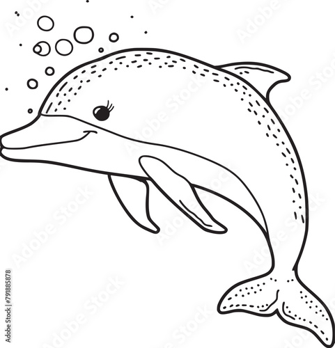 Coloring pages. Marine wild animals. Little cute baby dolphin smiles.