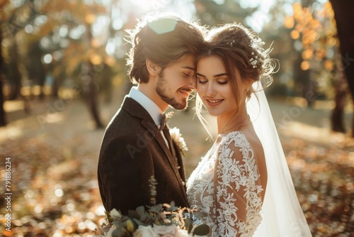 Beautiful bride and dapper groom in a loving embrace against a backdrop of fall foliage photo