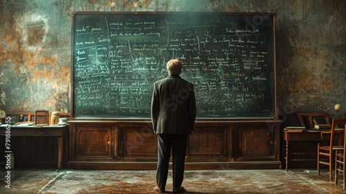 Professor looks at the blackboard covered with chalk. Old college teacher. University green board background. Secondary or higher education. Man stand in classroom while lesson. People profession. photo